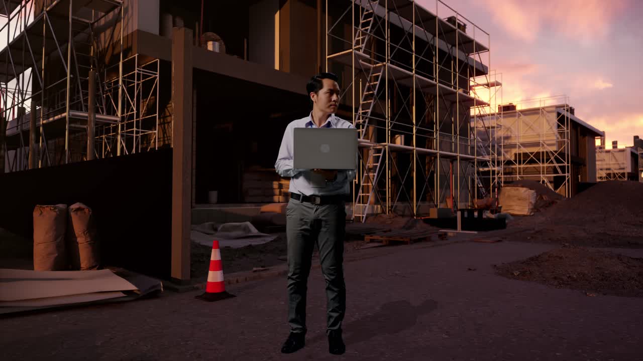 Full Body Of An Asian Male Professional Worker With His Laptop At Construction Site in Progress to New House, He Observes By Looking Around Before He Come To Concentrating With His Laptop