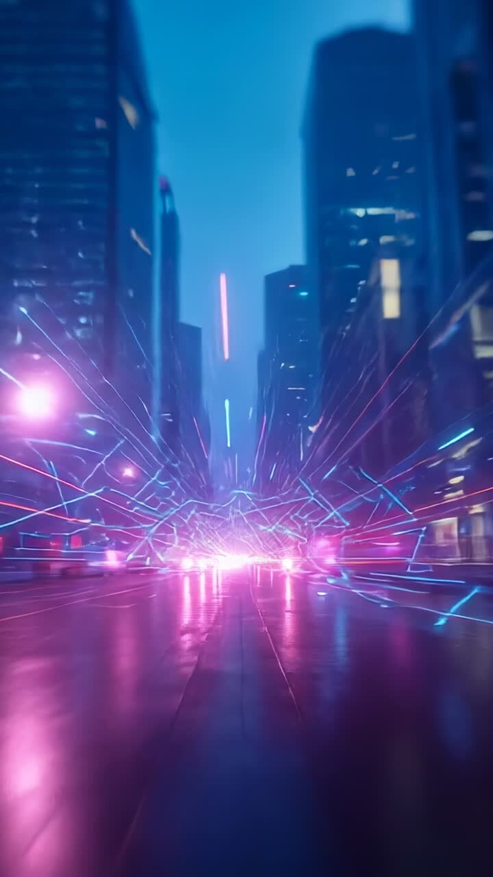Vertical video: Neon grid emerging in rain-soaked street, pulsing glitch arcs and energy beams
