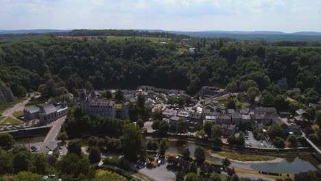 aerial of the church, castle and river in durbuy