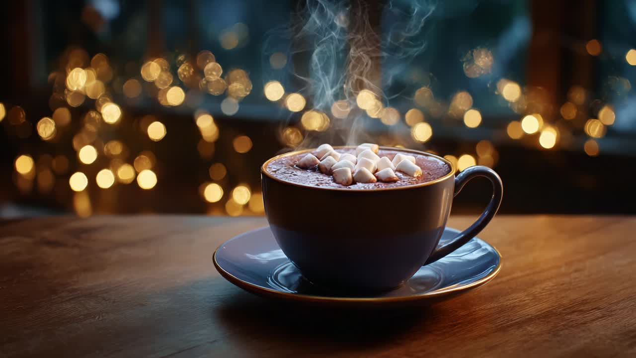 A Cozy Cup of Steaming Hot Chocolate with Marshmallows Sitting on a Rustic Wooden Table, Surrounded by Soft Glowing Bokeh Lights, Creating a Warm and Inviting Atmosphere Perfect for Winter Evenings