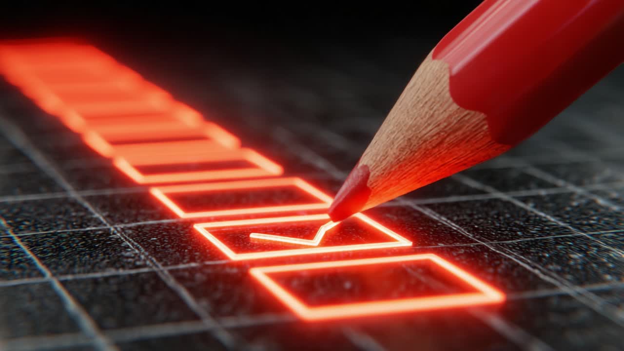 A Close-up View of a Red Pencil Marking Completion on a Brightly Illuminated Checklist, Highlighting the Act of Achieving Goals and Tasks