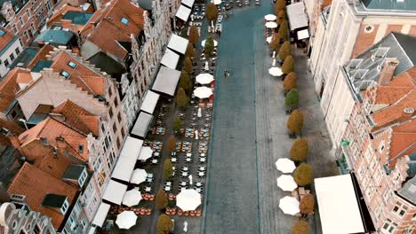 Leuven-Oude-Markt,-Plaza-De-La-Ciudad-A-La-Sombra-De-Los-árboles-Bordeada-De-Bares-Y-Restaurantes-Al-Aire-Libre