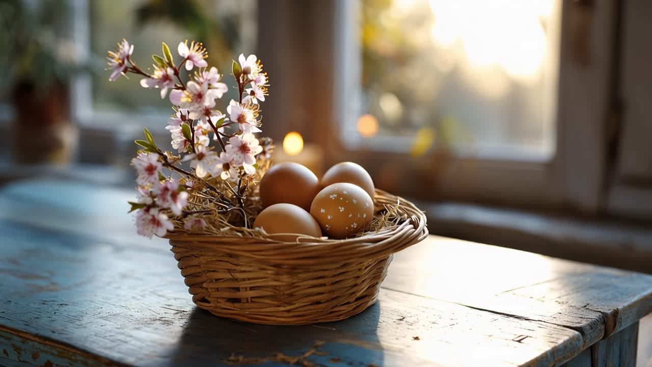 Sunlight warms eggs in woven basket. Pink blossoms frame the eggs' gentle glow. Soft light spills through window behind. Stillness holds spring's quiet promise. Perfect for Easter, spring