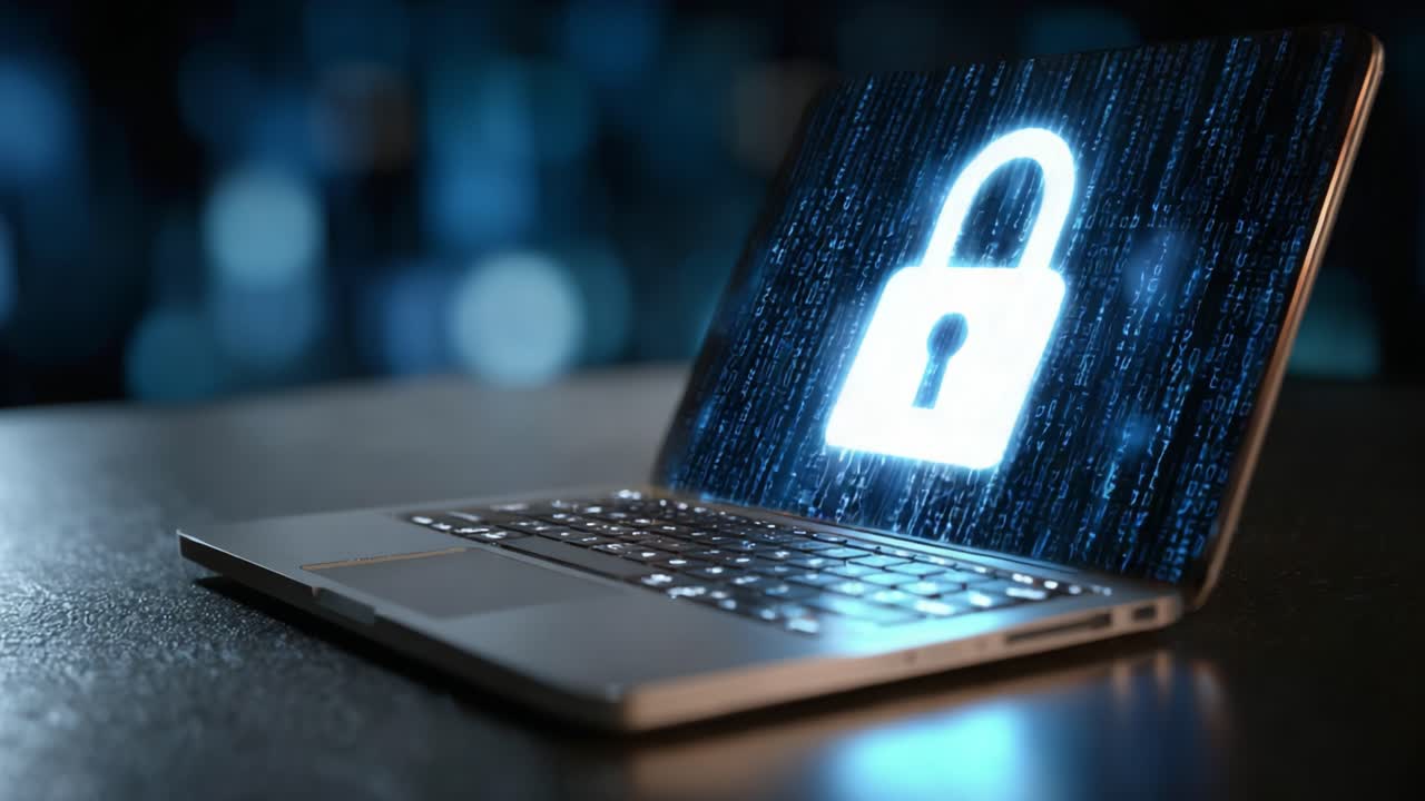 A Futuristic Laptop Displaying a Digital Lock Symbol Against a Binary Code Background, Representing Cybersecurity and Data Protection Concepts in the Digital Age