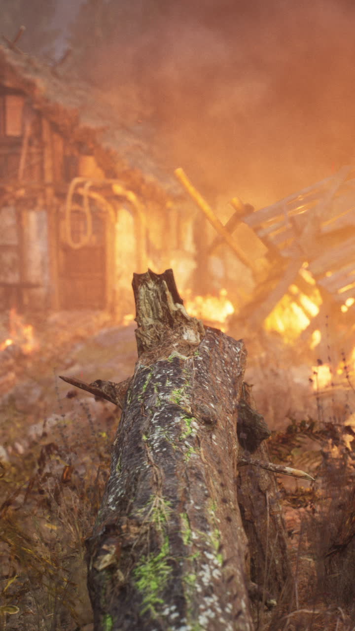 una casa de madera en llamas en el bosque