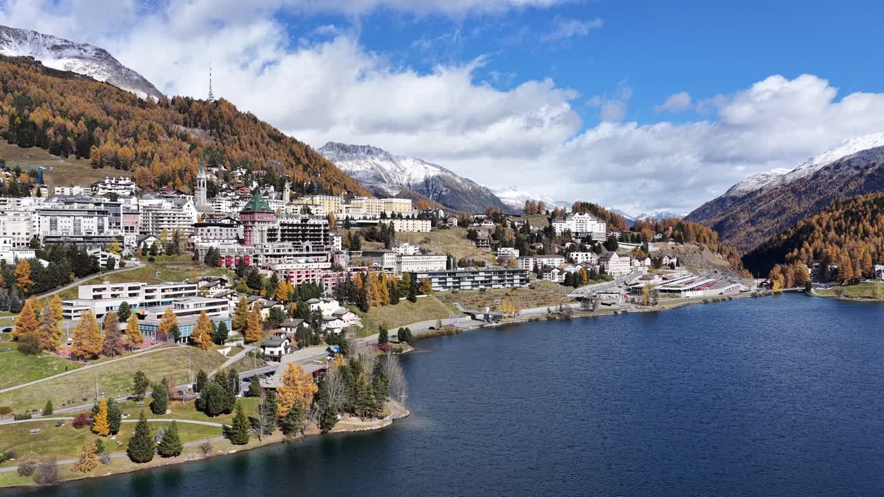 aerial of Sankt Moritz beside alpine lake in Graubünden Switzerland