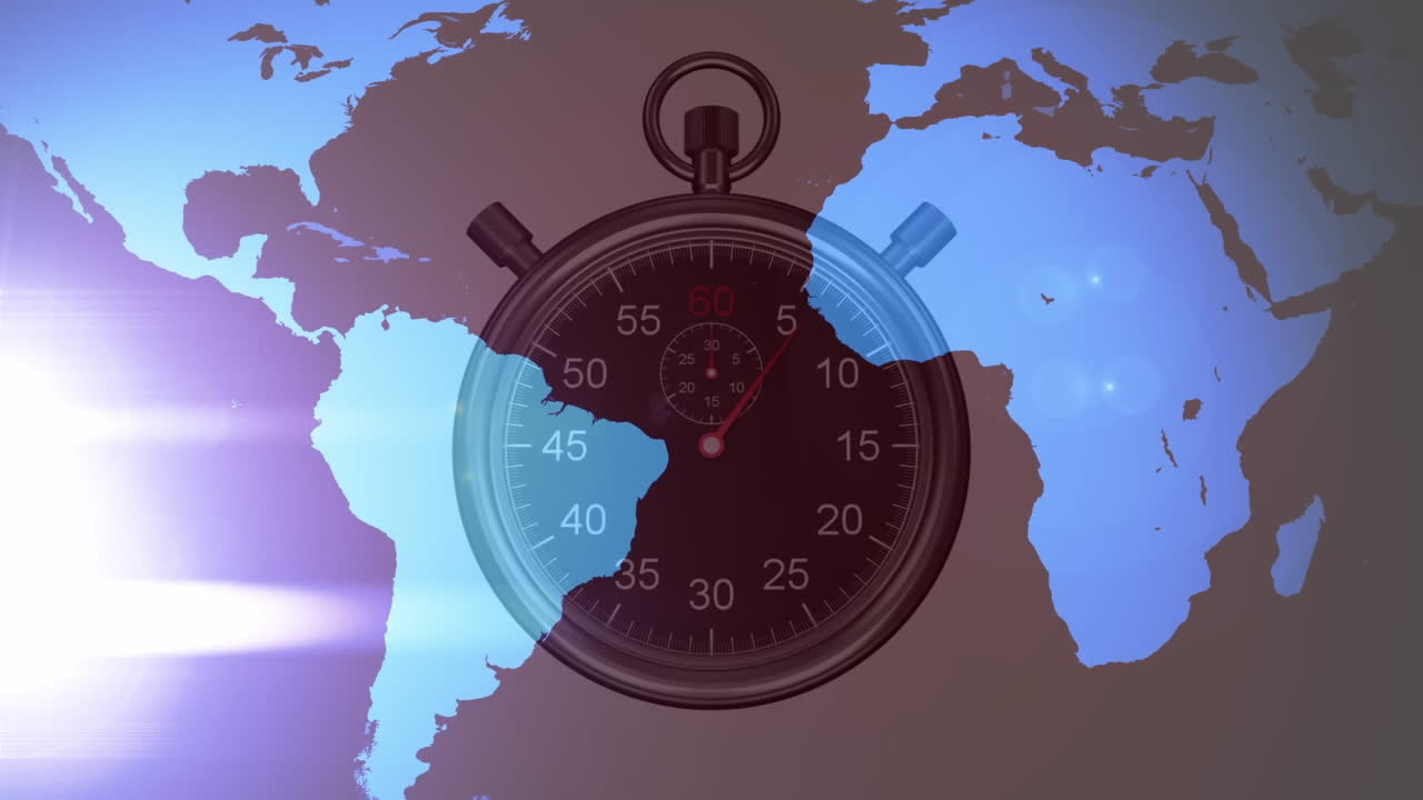 animación de reloj de parada y luces brillantes sobre el mapa del mundo