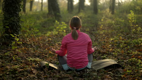 woman meditating peacefully in an autumn forest