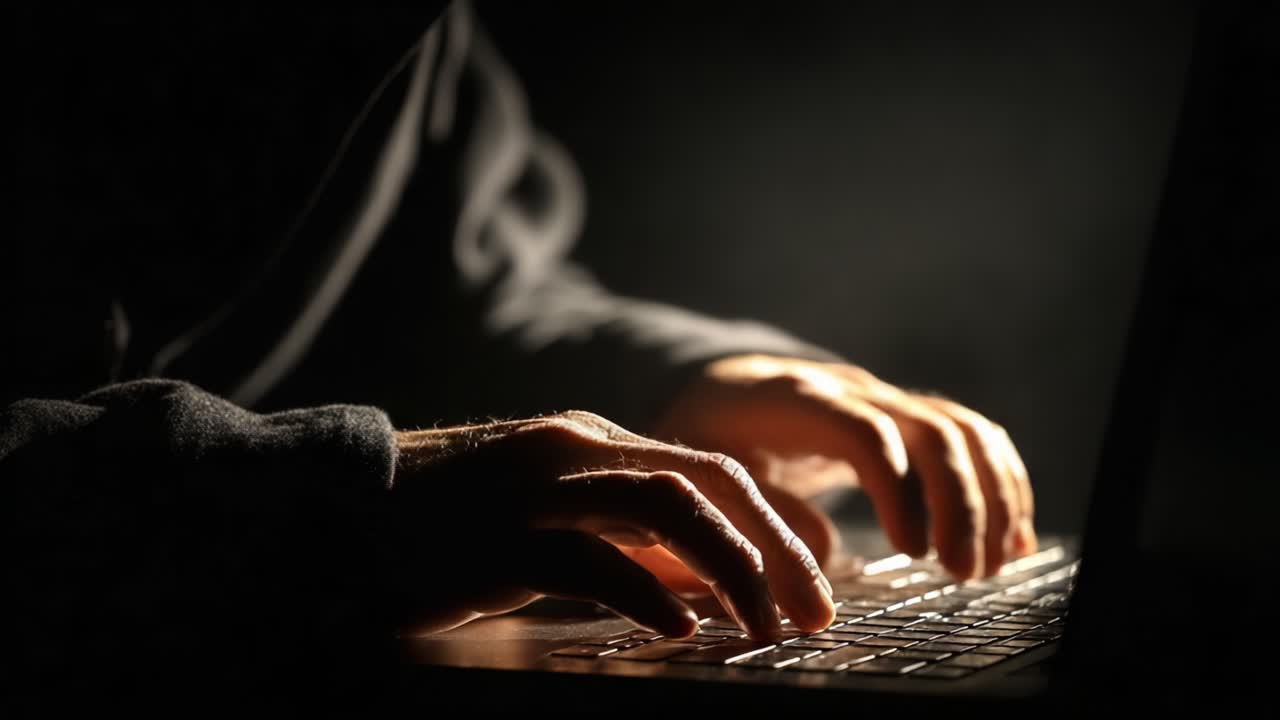 A Close-Up View of Hands Typing on a Laptop in Dim Lighting, Emphasizing the Artistic Play of Light and Shadow with a Focus on Productivity and Creativity