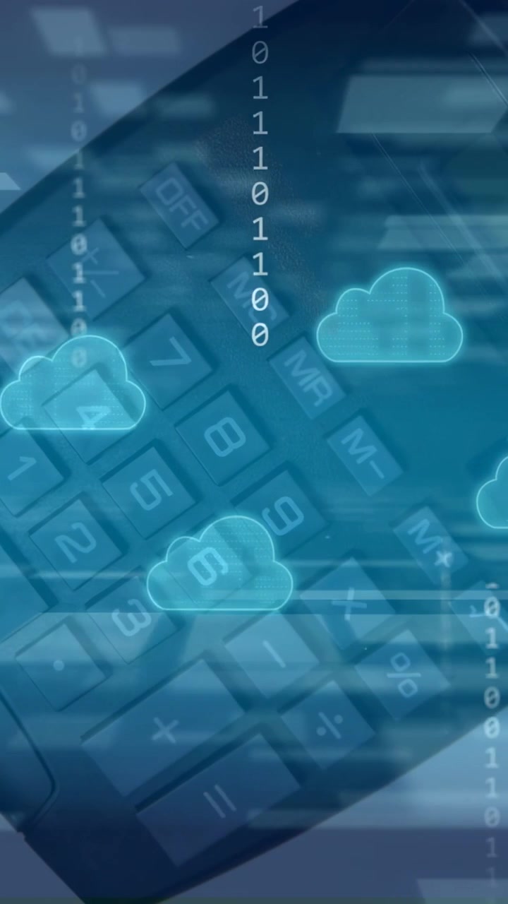 Vertical video: Diagonal keypad clearing as neon clouds rising, bits falling, showing cloud sync