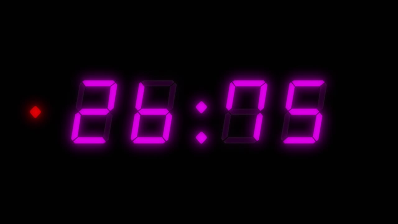 4-digit, 30 second digital clock countdown timer. Magenta or purple numbers on black bg. Digital alarm clock with flashing red warning light
