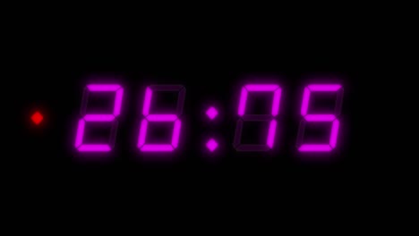4-digit, 30 second digital clock countdown timer. magenta or purple numbers on black bg. digital alarm clock with flashing red warning light