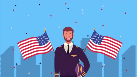 feliz celebración del día del trabajo con piloto y banderas de ee.uu.