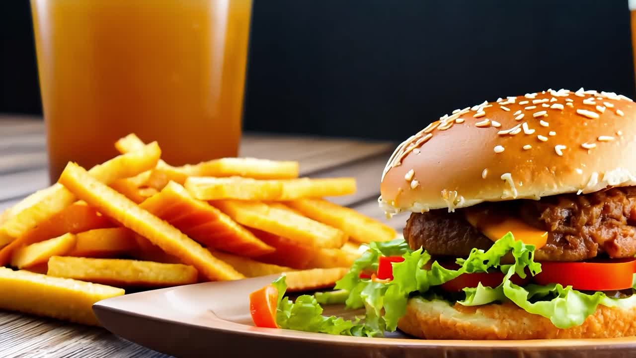 una hamburguesa de queso, papas fritas y dos cervezas en una mesa de madera
