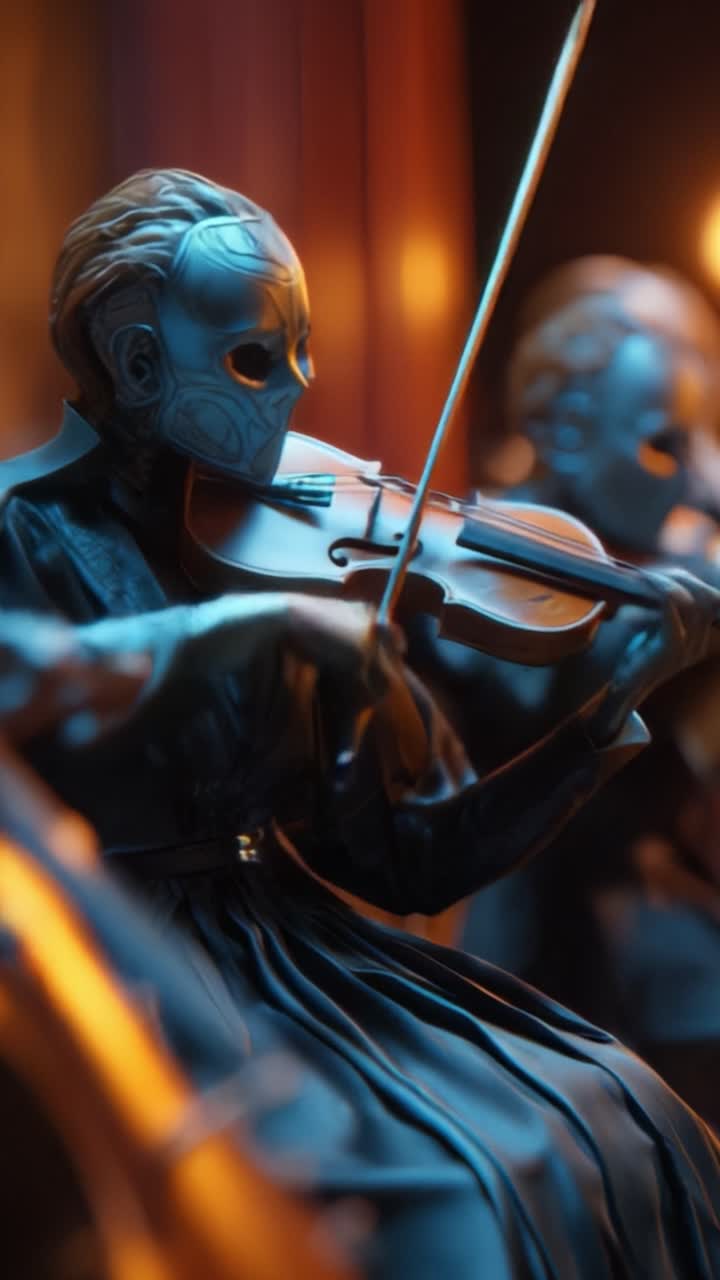 Scultura intricata di un violinista con maschera che suona in un'atmosfera fiocamente illuminata con dettagli che enfatizzano l'arte e l'emozione della performance