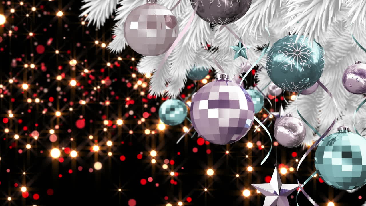 animación de ramas de abetos con decoración sobre la nieve que cae