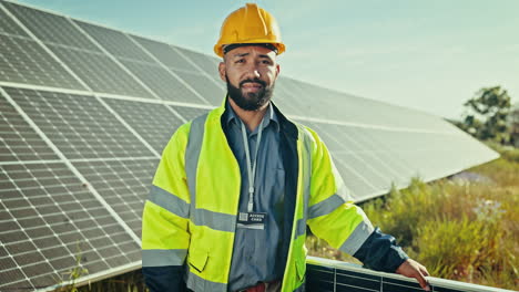 Happy-man,-engineer-and-solar-panel-for-renewable