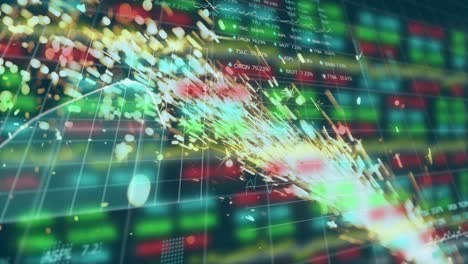 animation of trading board and graphs over close-up of sparkling fire