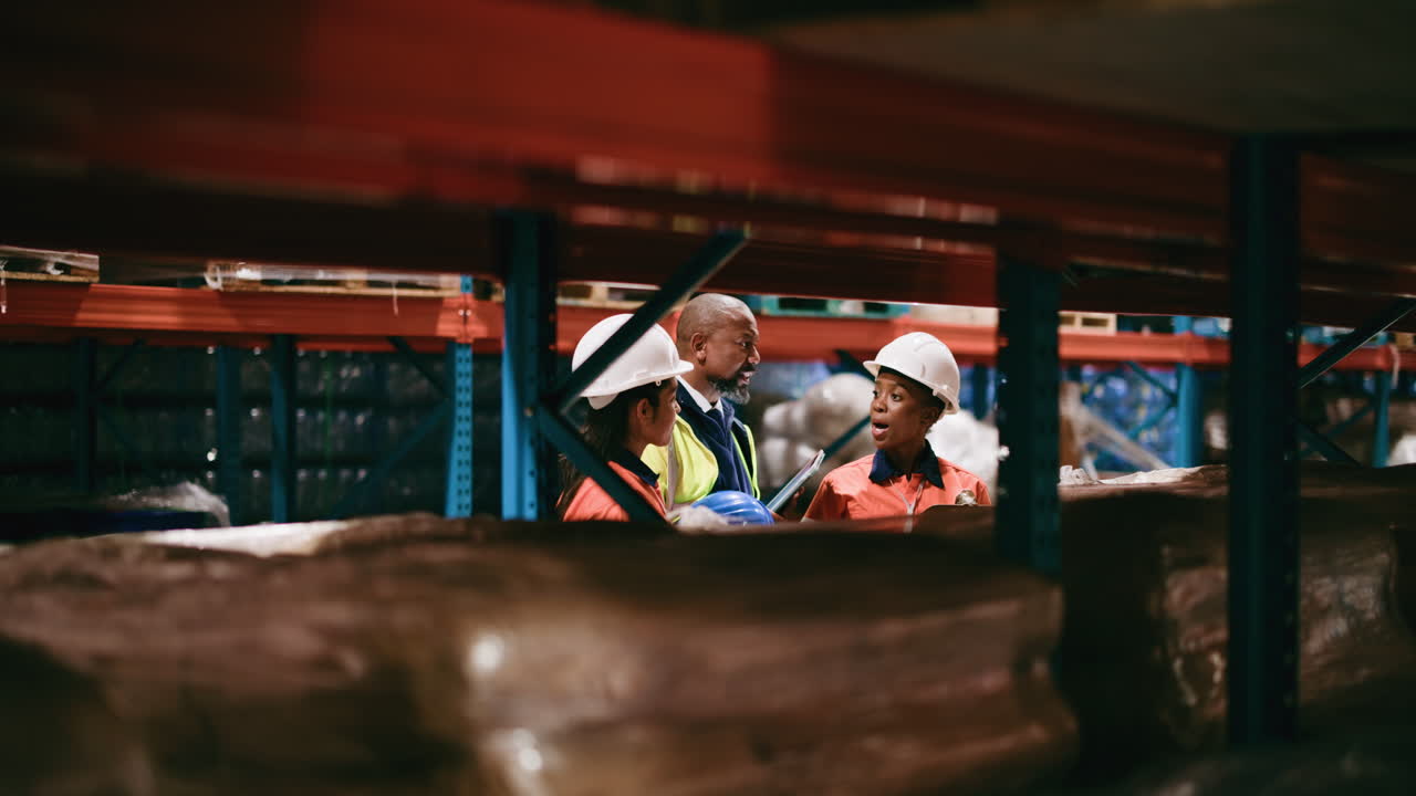 Diverse Team of Warehouse Workers Discussing Operations