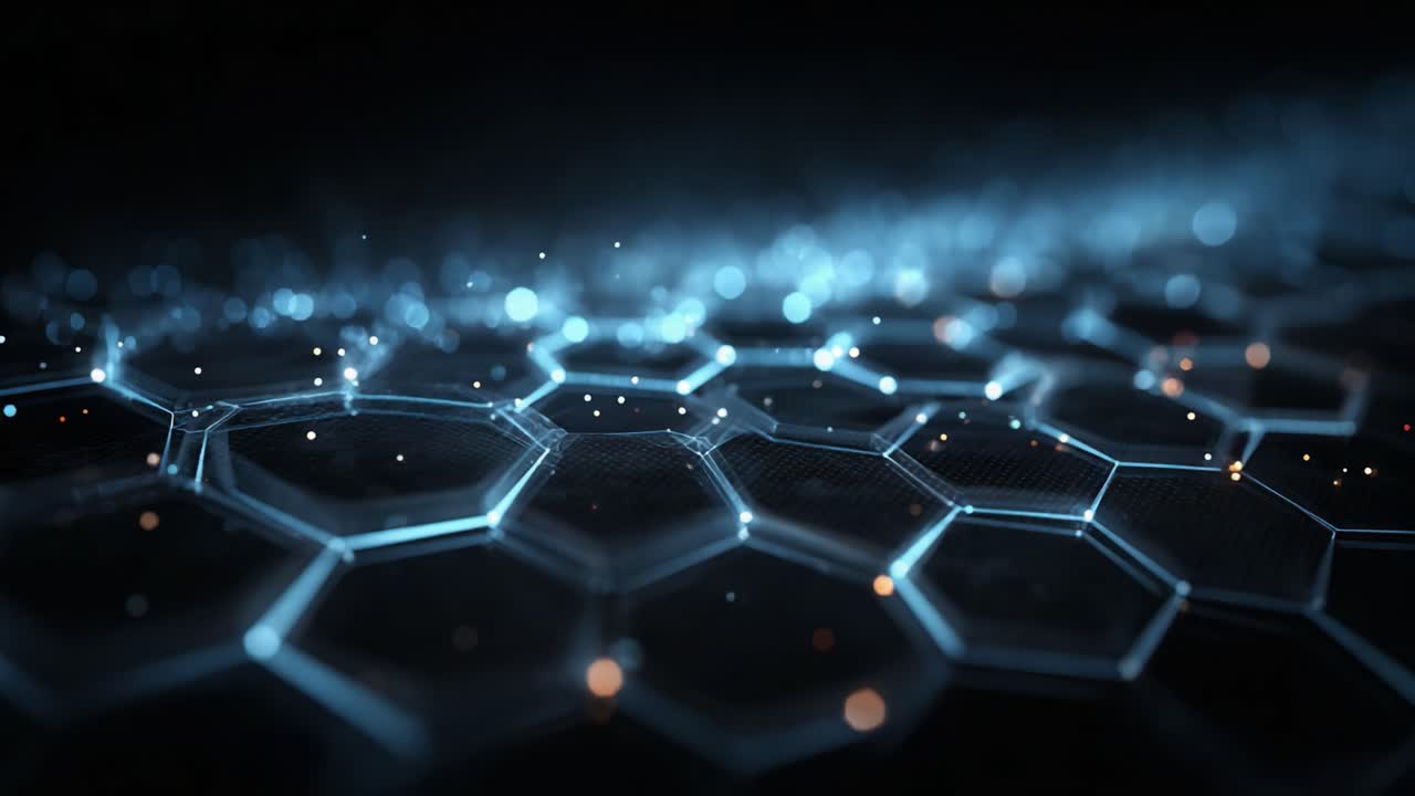 A Glowing Hexagonal Pattern of Interconnected Cells in a Dimly Lit Digital Landscape, Showcasing Modern Design and Technology Aesthetics