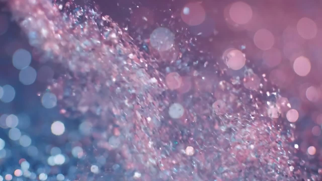 A mesmerizing close-up video of shimmering pink and blue glitter with a bokeh effect