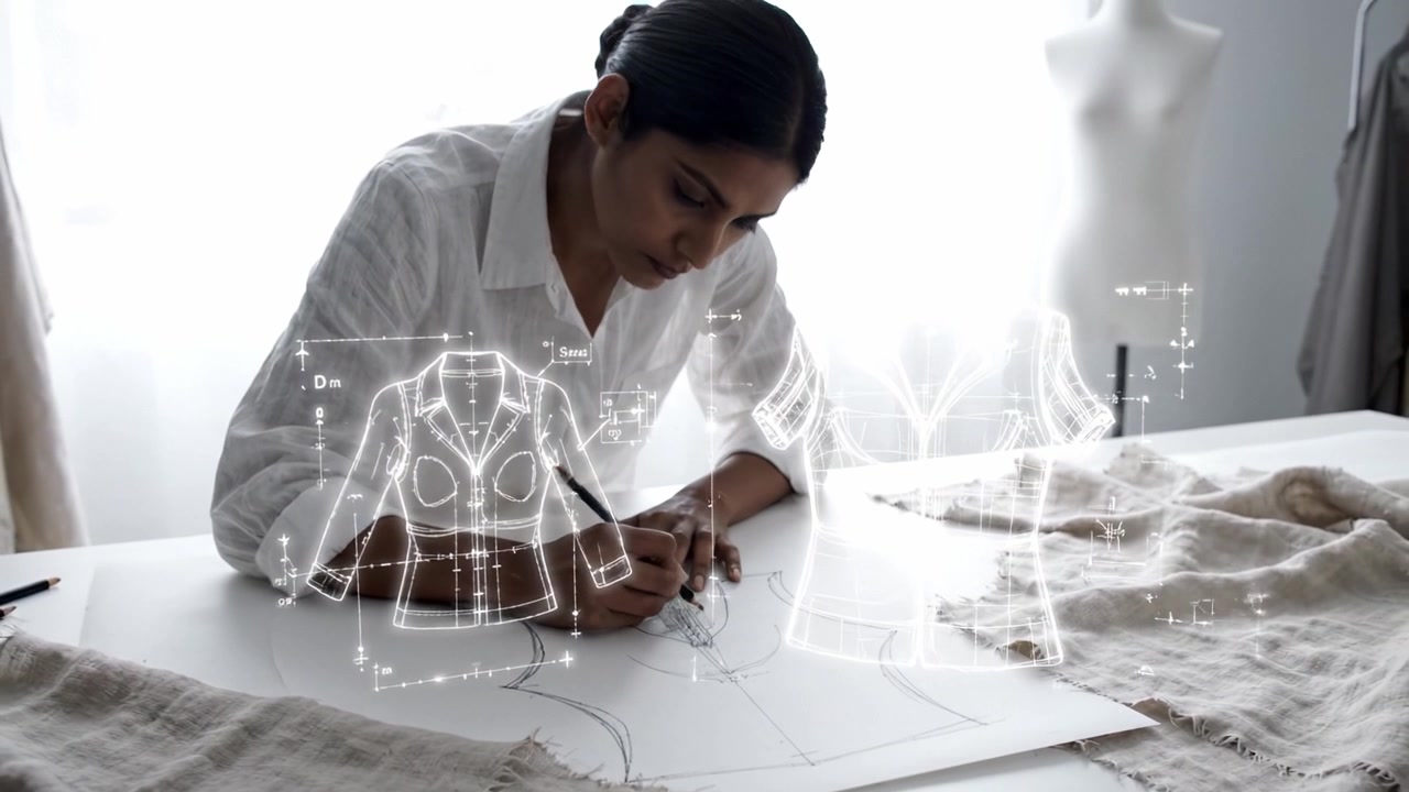 Focused Designer Sketching a Pattern on Paper in a Well-Lit Studio with Textiles Nearby, Showcasing the Art of Fashion Design and Creativity in Action