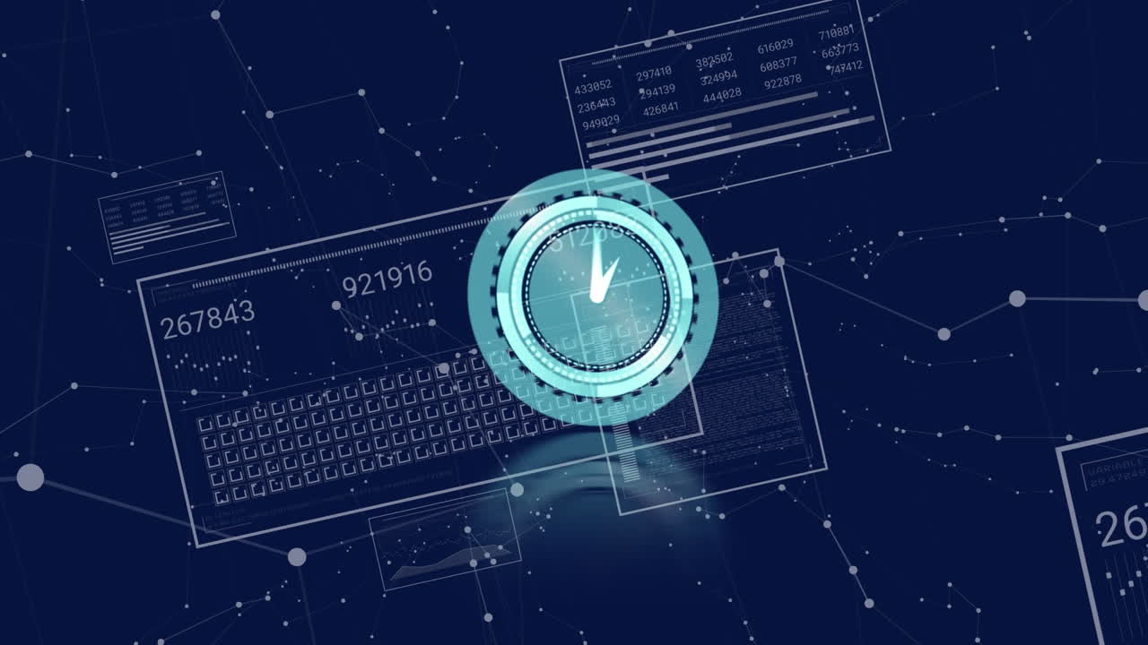 Animation of neon ticking clock over interface with data processing and connecting dots