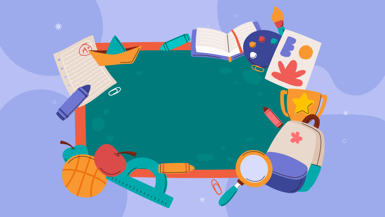 학교 용품과 블랙보드와 함께 평평한 학교 배경의 모션 그래픽