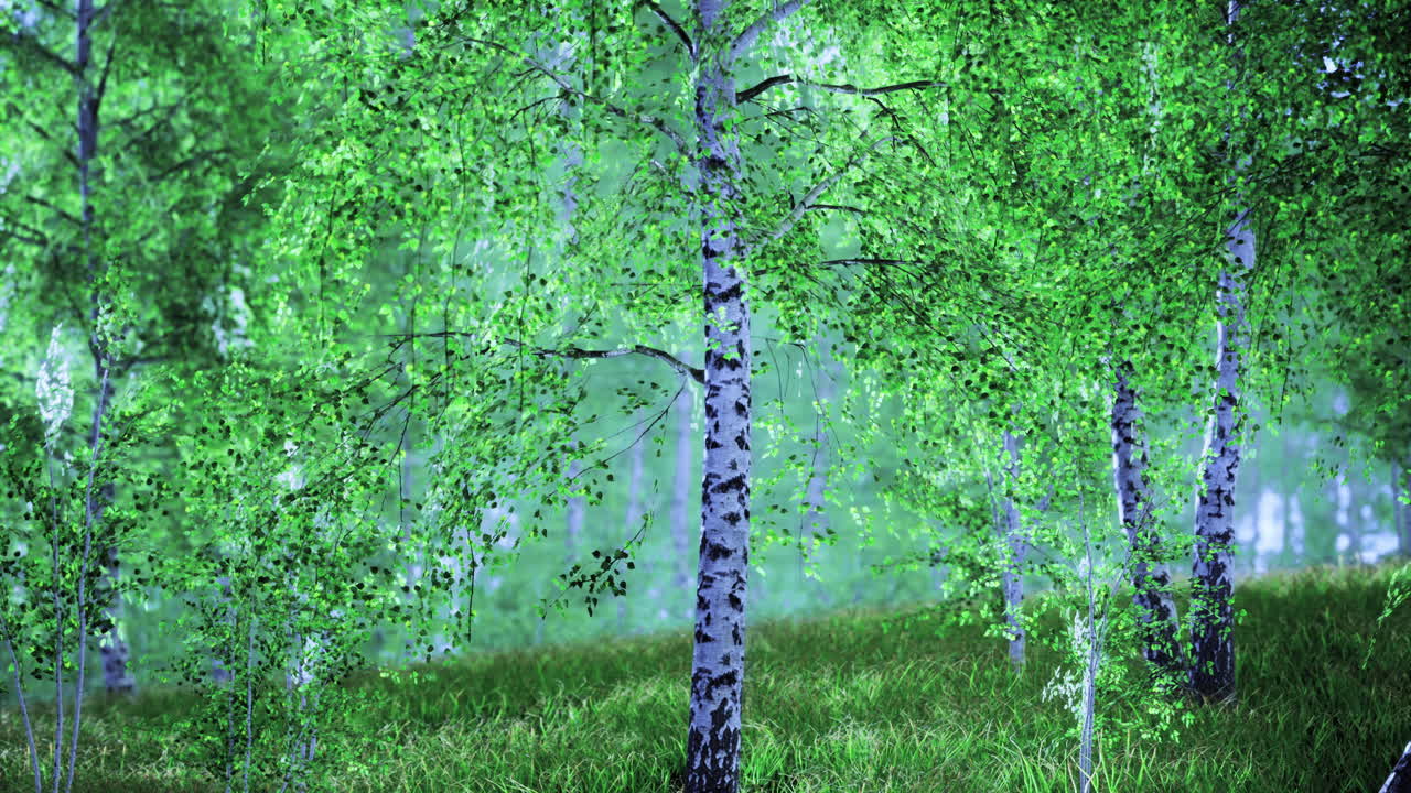 Lush green birch trees in a serene forest setting during daylight
