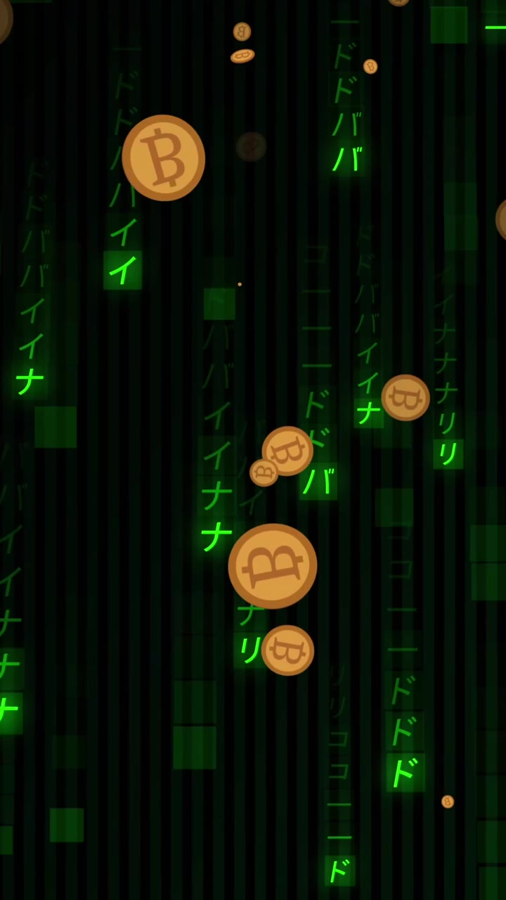 Animação de bitcoins caindo sobre símbolos em fundo preto.