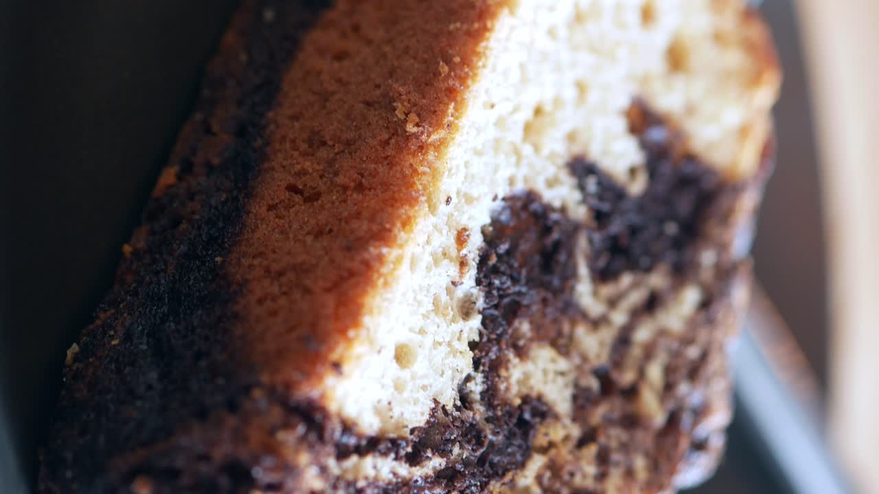 Close-up of a slice of chocolate swirl cake