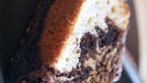 close-up of a slice of chocolate swirl cake