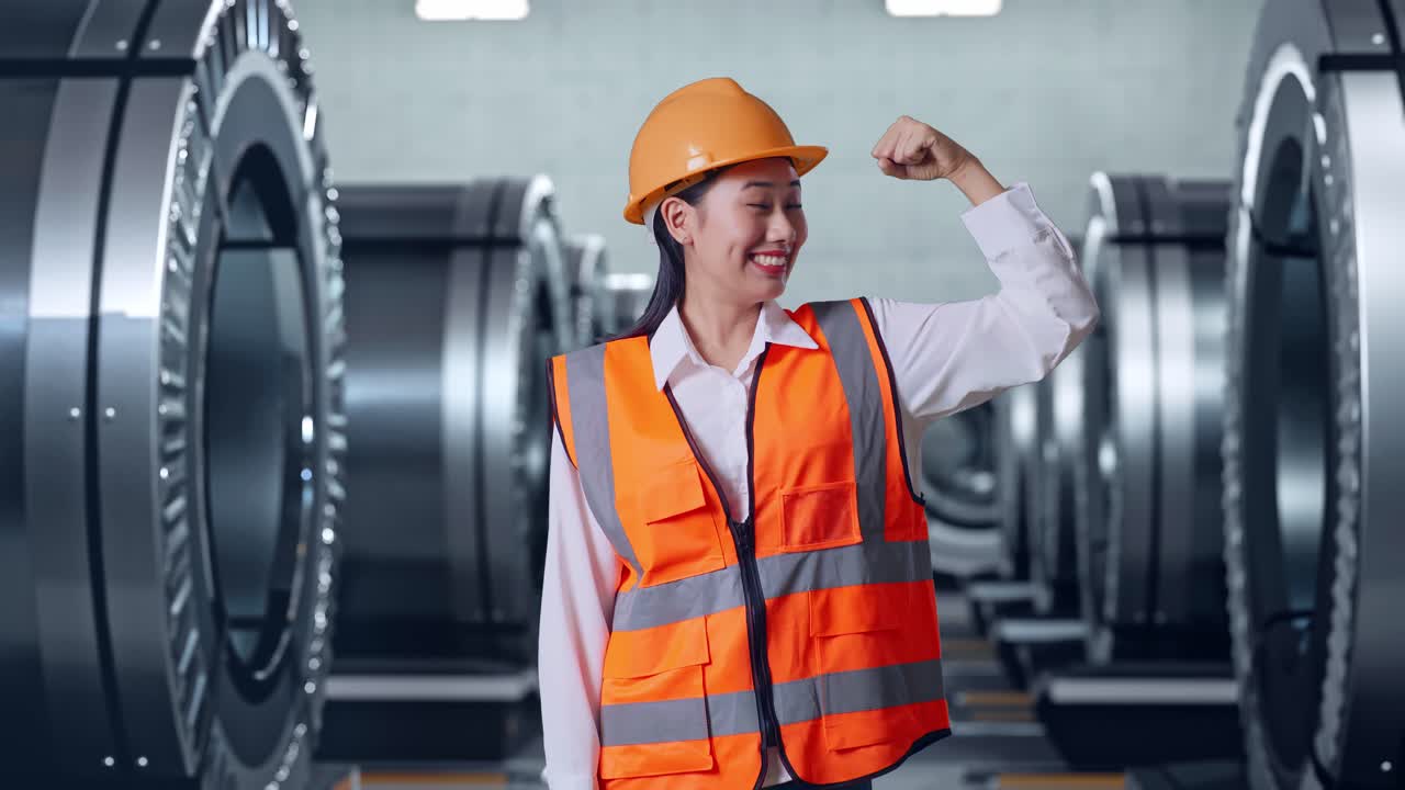 азиатская женщина-инженер с защитным шлемом сгибает бицепс и улыбается в камеру, стоя на металлургическом заводе.