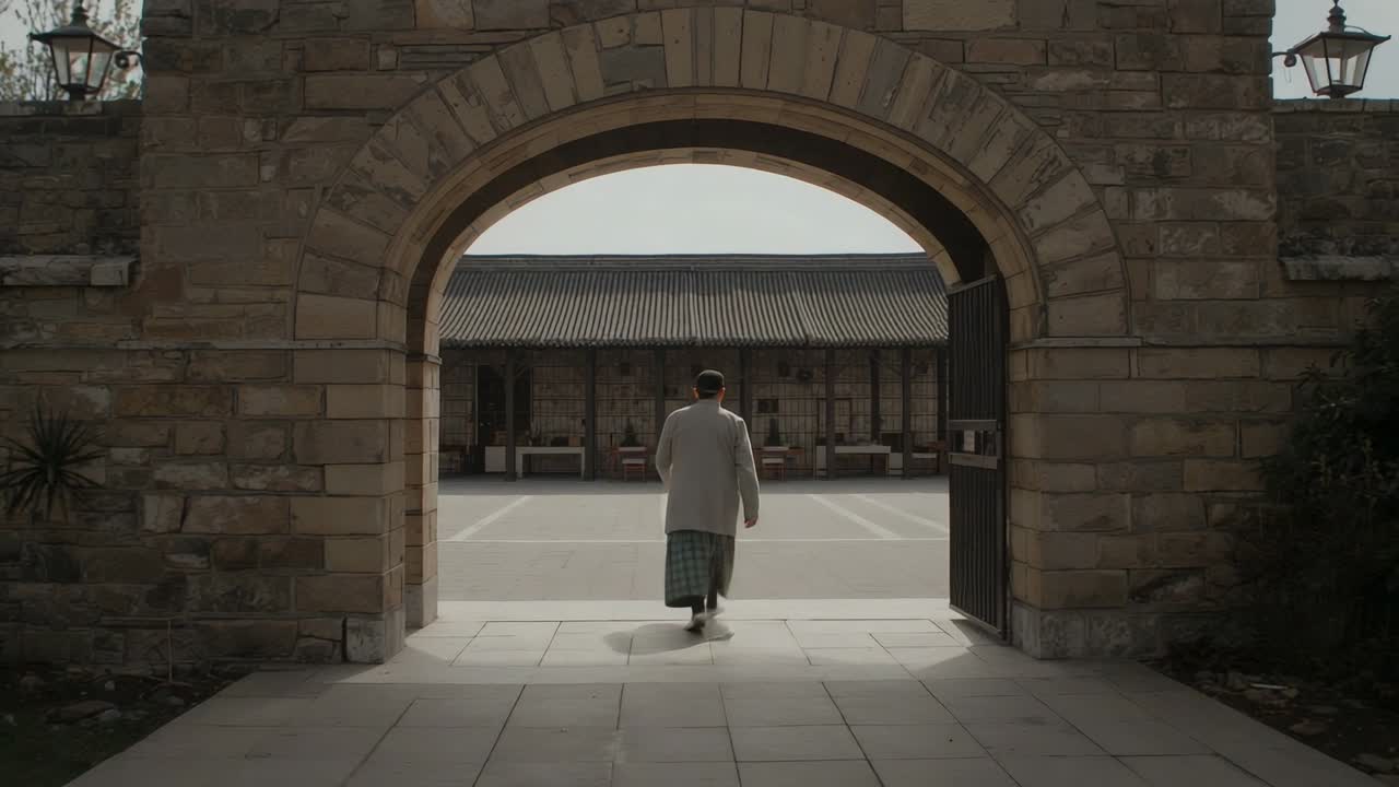 Walking adult in light coat and print skirt stepping thru stone arch heading toward tiled building