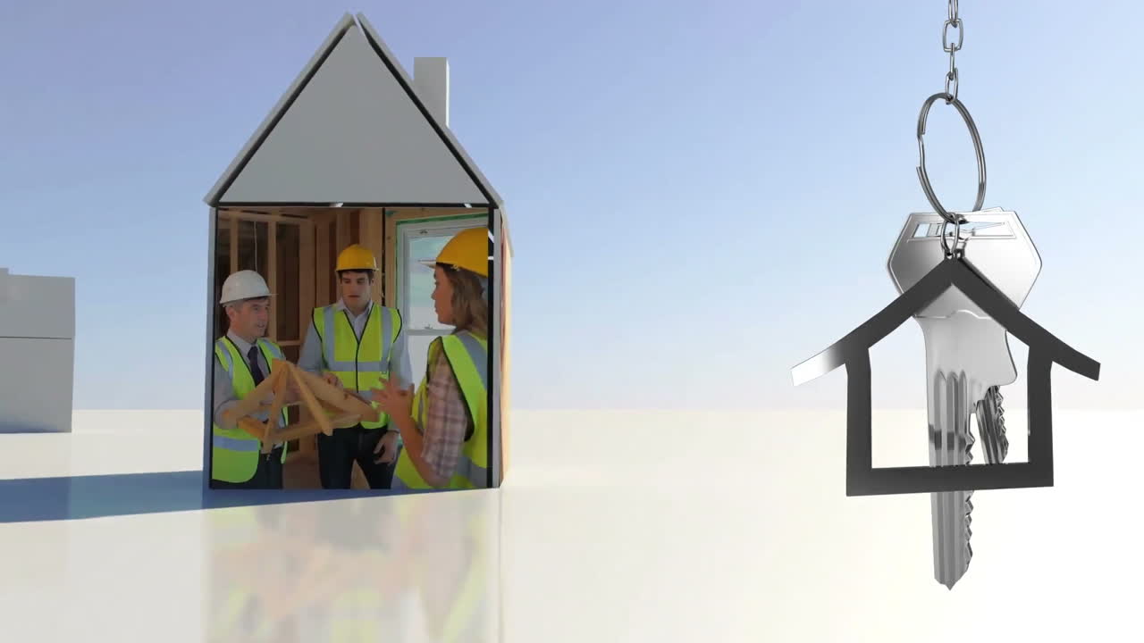 llaves de la casa y llaves colgando sobre el modelo de casa 3d en el fondo