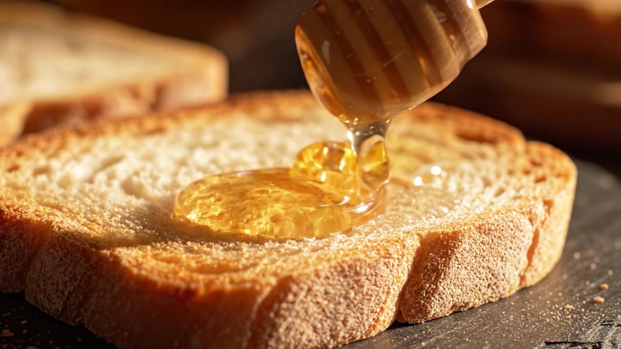 A Close-Up Look at Golden Honey Drizzling onto Freshly Sliced Bread Capturing the Sweetness and Warmth of a Perfect Morning Treat