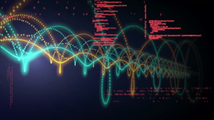 Creating animation, colorful waveforms and red code lines visualizing digital data