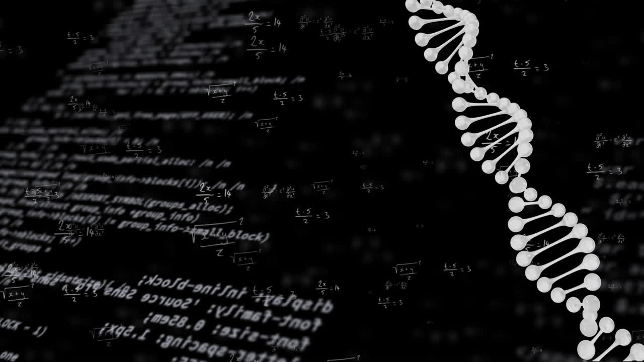 animación del procesamiento de datos y la cadena de adn en fondo negro