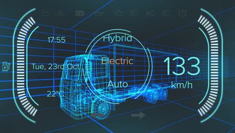 Animation-of-speedometer-and-power-status-data-on-hybrid-vehicle-interface,-over-3d-truck-model