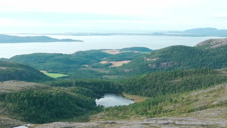 Panorama-Of-Mountain-Forest,-Fjord-And-Alpine-Lake-In-Daytime-In-Nordland,-Norway