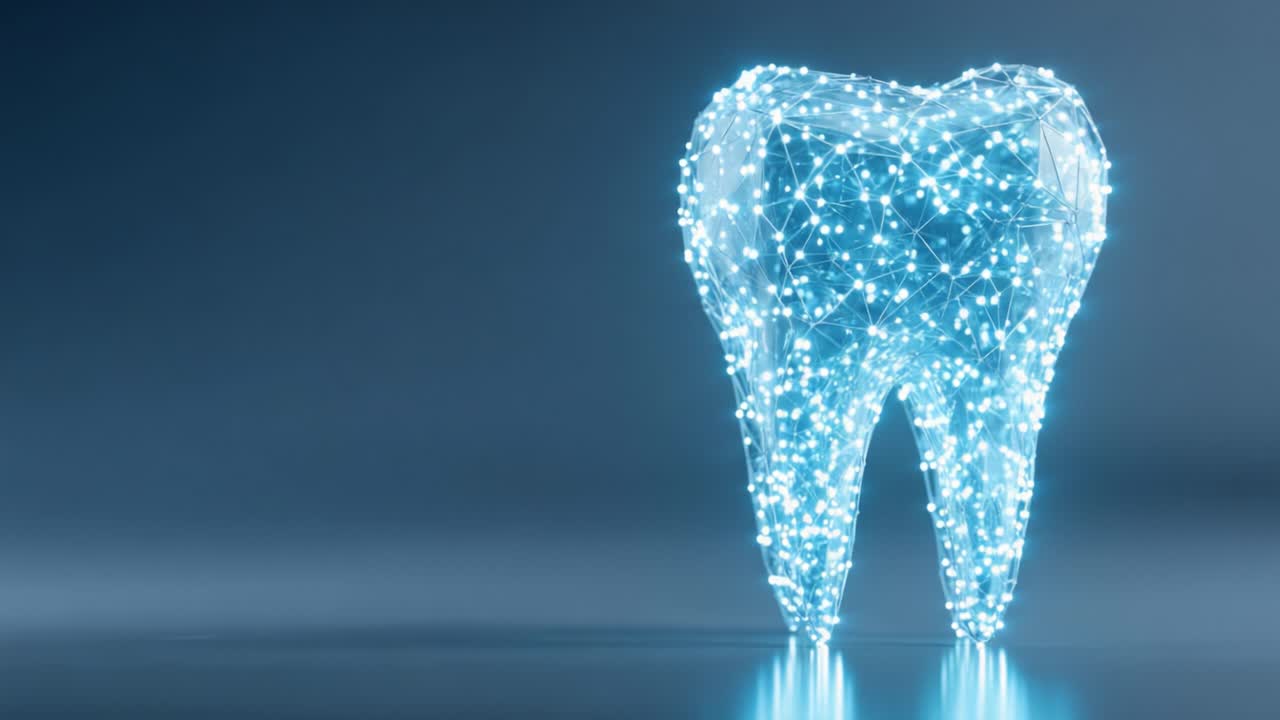 Una Splendida Visualizzazione di un Dente, Realizzata con Linee Scintillanti e Luci, che Rappresenta la Salute Dentale e l'Innovazione in Stile Futuristico
