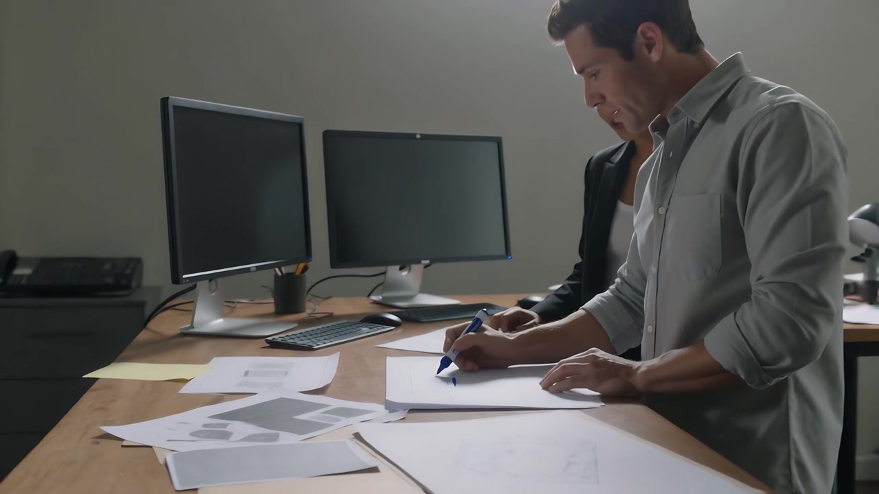 Marking man seeing coworker approach, sketching blueprint on desk at work with blue pen, copy space