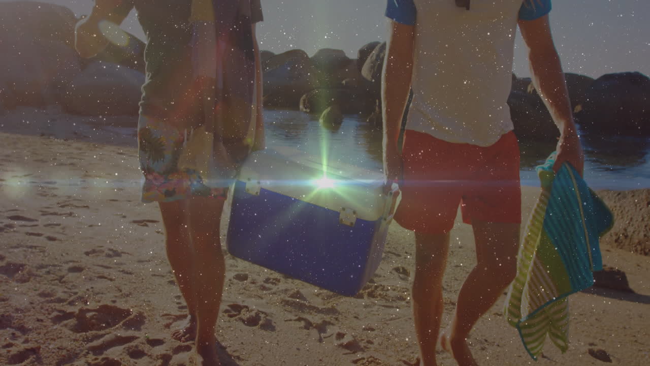 Carrying cooler on sandy beach, people enjoying animation with bright light effect