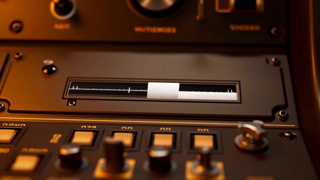 Primo piano dal basso della superficie di controllo di un mixer audio, centrato su un misuratore di livello orizzontale che mostra una barra di avanzamento bianca e tacche di forma d'onda, circondato da pulsanti rettangolari, inquadratura verticale.