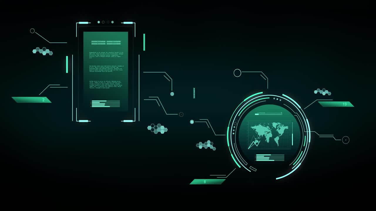 Animation of data processing with world map over black background