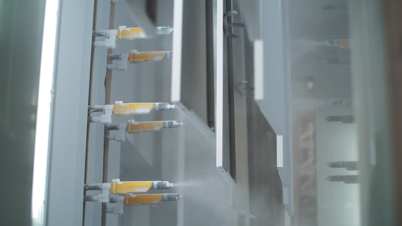 colorear paneles metálicos con pistola de pulverización en la fábrica. producción de electrodomésticos