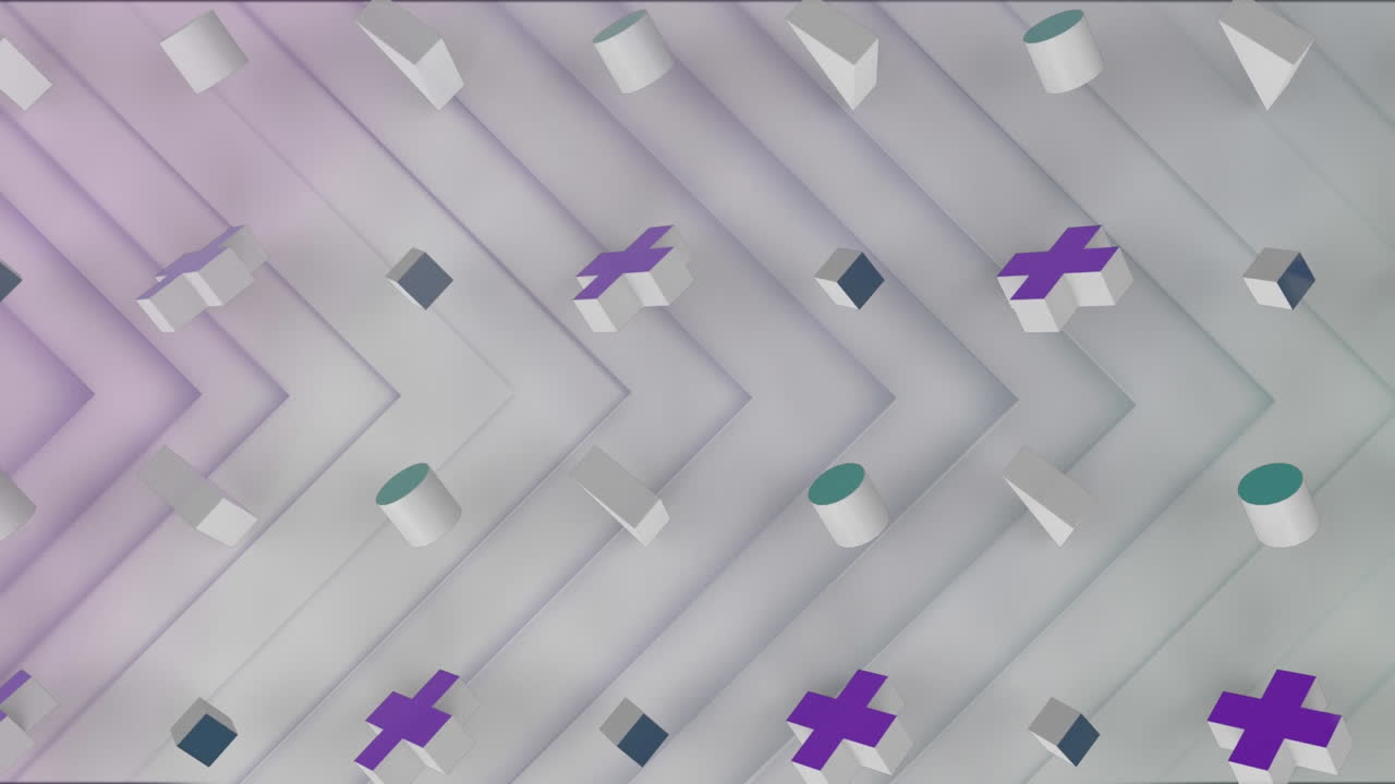 múltiples formas 3d flotando contra triángulos sobre un fondo blanco