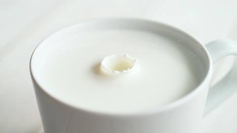 gotas de leche haciendo una corona de salpicaduras y ondas en la taza con líquido cremoso en cámara lenta