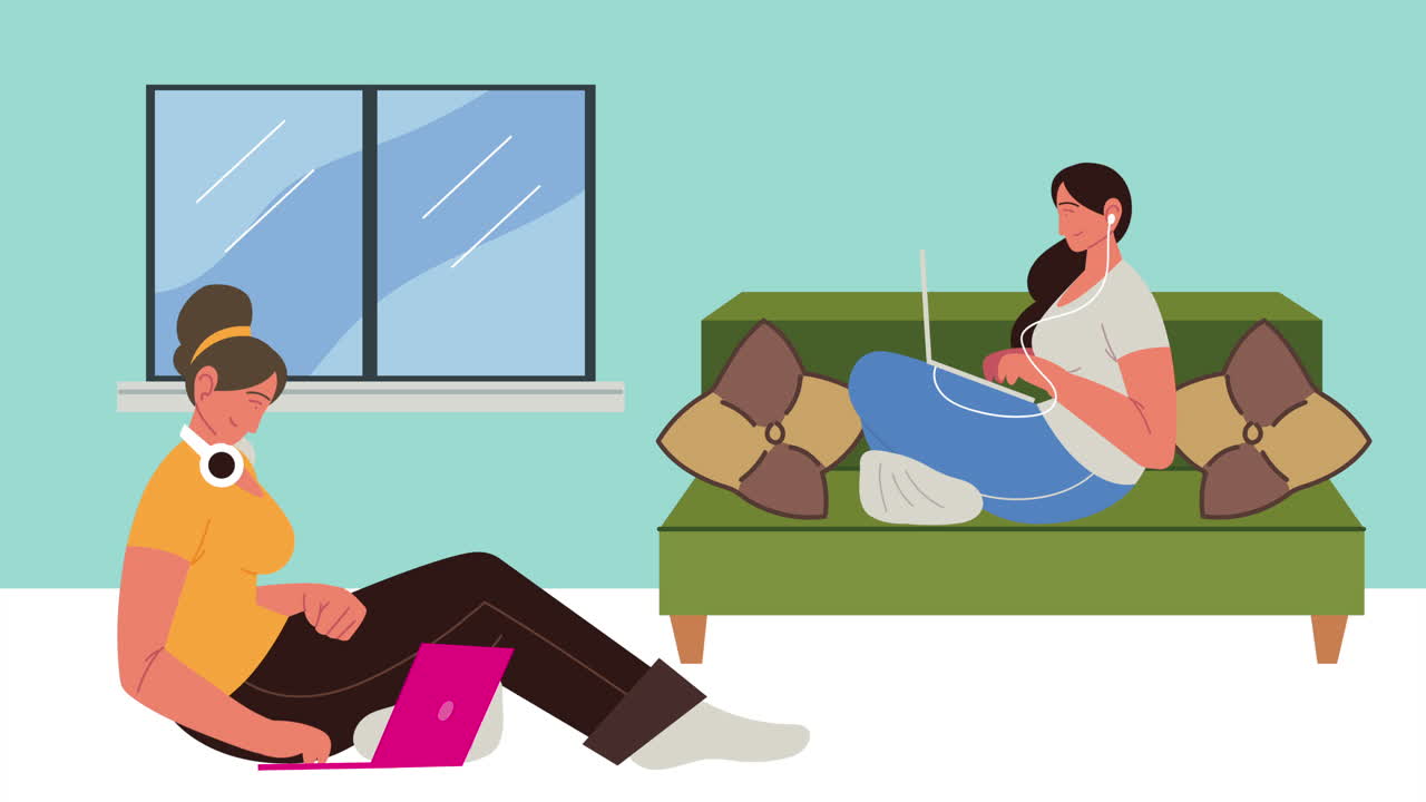 소파에 앉아 있는 노트북을 사용하는 젊은 여성