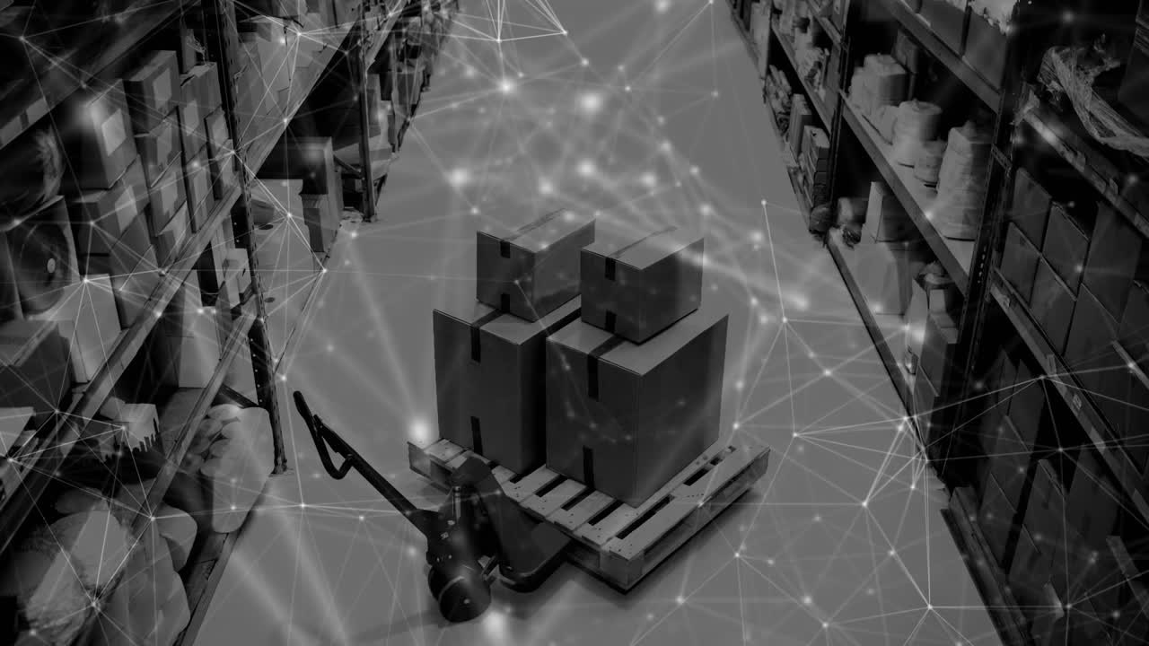 animación de la red de conexiones sobre estantes en el almacén